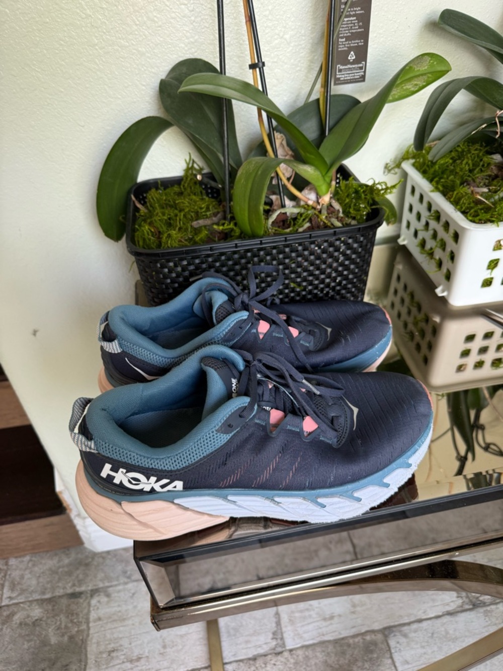 Hoka Women's Navy, Pink and Light Blue Athletic Running Shoes